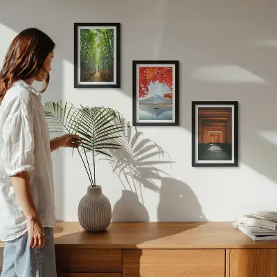 Photo frame wall featuring a bamboo forest mountain path and Japanese landscape scenery