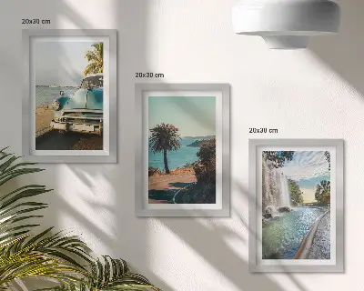 Holiday landscapes with palm trees and a waterfall framed triptych