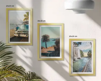 Holiday landscapes with palm trees and a waterfall framed triptych