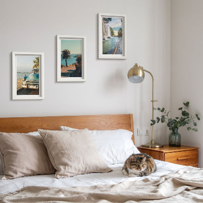 Framed triptych Holiday landscapes with palm trees and a waterfall