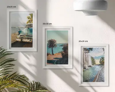 Holiday landscapes with palm trees and a waterfall framed triptych