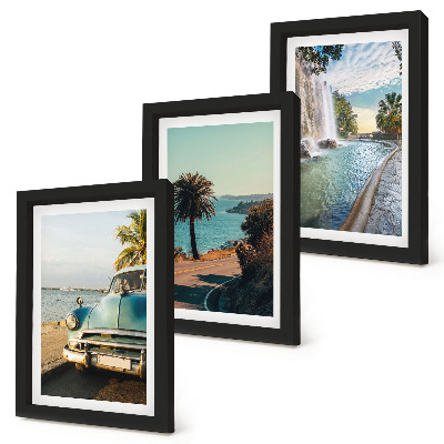 Framed triptych Holiday landscapes with palm trees and a waterfall