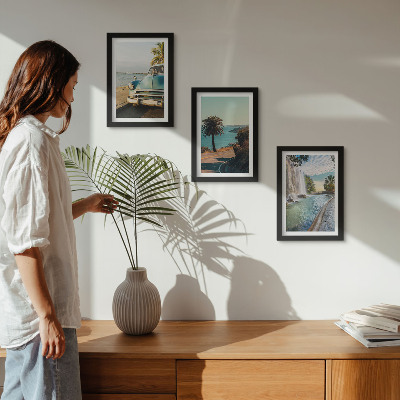 Framed triptych Holiday landscapes with palm trees and a waterfall