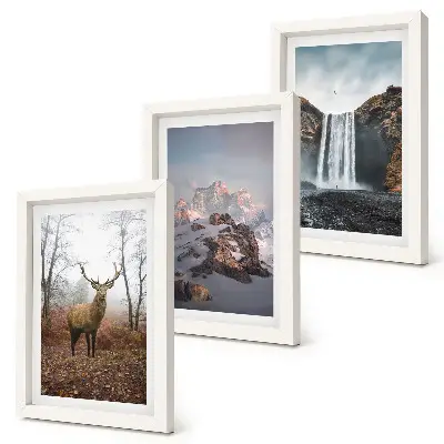 3-piece wall art set featuring natural landscapes of mountains, deer, and waterfalls
