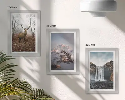 3-piece wall art set featuring natural landscapes of mountains, deer, and waterfalls