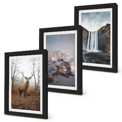 3-piece wall art set featuring natural landscapes of mountains, deer, and waterfalls
