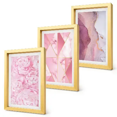 Pink peonies with geometric patterns wall art framed triptych