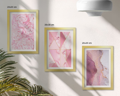 Framed triptych Pink flowers peonies geometric patterns
