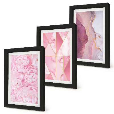 Framed triptych Pink flowers peonies geometric patterns