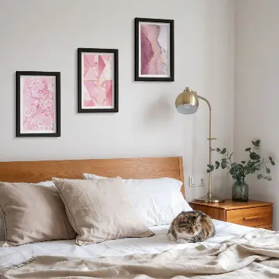 Pink peonies with geometric patterns wall art framed triptych