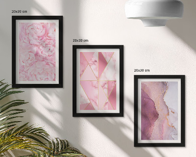 Framed triptych Pink flowers peonies geometric patterns