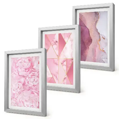 Pink peonies with geometric patterns wall art framed triptych