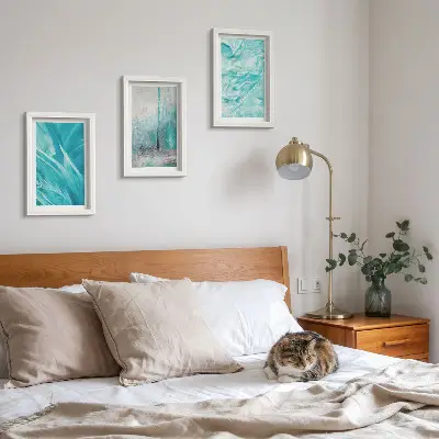 Photo frame wall with delicate abstract patterns in shades of blue