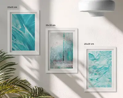 Photo frame wall with delicate abstract patterns in shades of blue