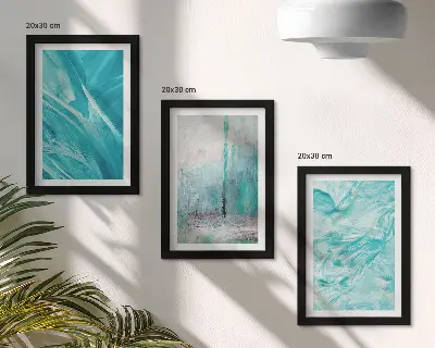 Photo frame wall with delicate abstract patterns in shades of blue