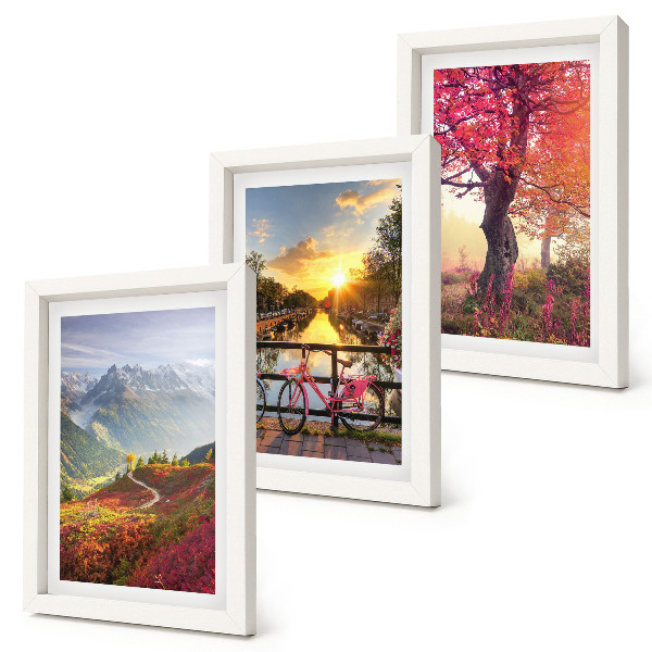 Photo frame wall Mountain landscapes with a bicycle and an autumn tree