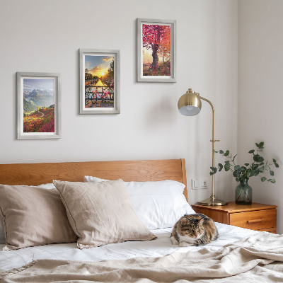 Photo frame wall Mountain landscapes with a bicycle and an autumn tree