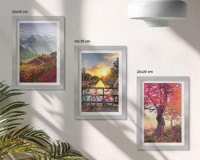 Photo frame wall Mountain landscapes with a bicycle and an autumn tree