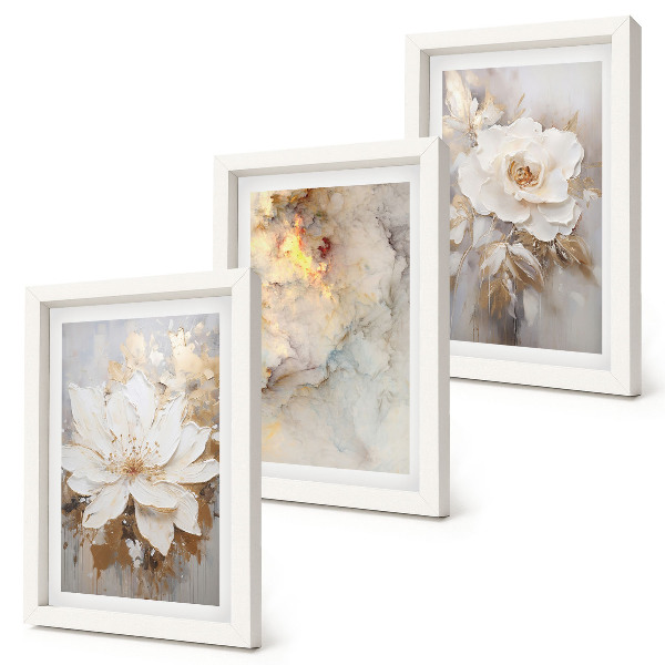 Framed triptych Flowers on a light background with abstract patterns