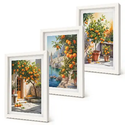 Painted citrus fruits and seaside landscapes framed triptych