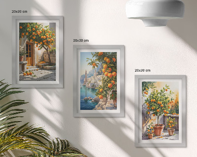 Framed triptych Painted citrus fruits and seaside landscapes