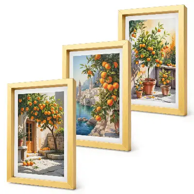Painted citrus fruits and seaside landscapes framed triptych