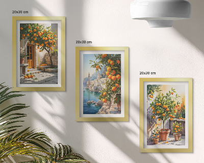 Framed triptych Painted citrus fruits and seaside landscapes