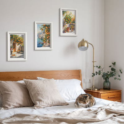 Framed triptych Painted citrus fruits and seaside landscapes