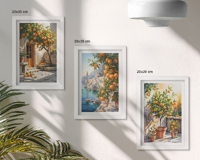 Framed triptych Painted citrus fruits and seaside landscapes