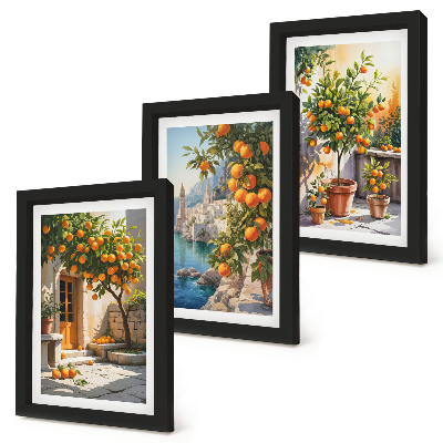 Framed triptych Painted citrus fruits and seaside landscapes