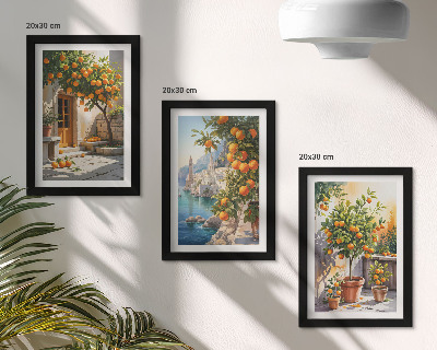 Framed triptych Painted citrus fruits and seaside landscapes