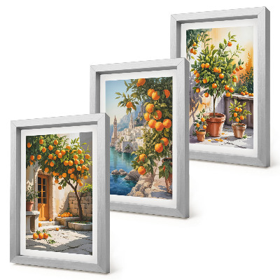 Framed triptych Painted citrus fruits and seaside landscapes