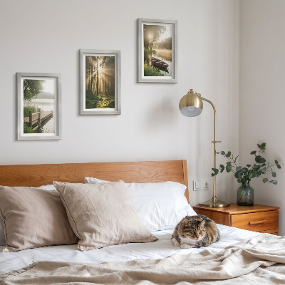 3-piece wall art set A calm lake, forest, and boat in the morning fog