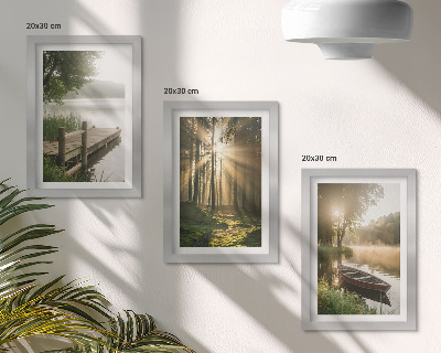 3-piece wall art set A calm lake, forest, and boat in the morning fog