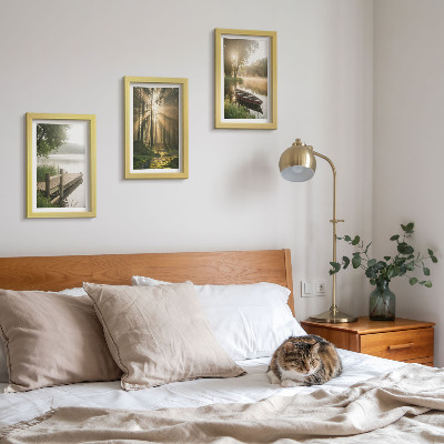 3-piece wall art set A calm lake, forest, and boat in the morning fog