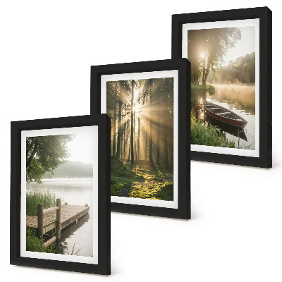 3-piece wall art set A calm lake, forest, and boat in the morning fog