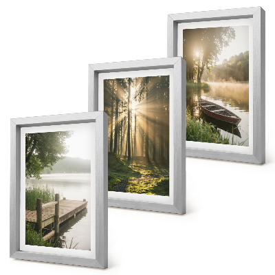 3-piece wall art set A calm lake, forest, and boat in the morning fog