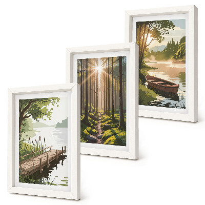 Photo frame wall Peaceful landscapes of the forest and lake with a boat