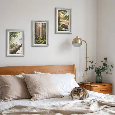 Photo frame wall peaceful forest and lake landscape with a boat