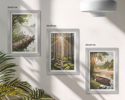 Photo frame wall Peaceful landscapes of the forest and lake with a boat