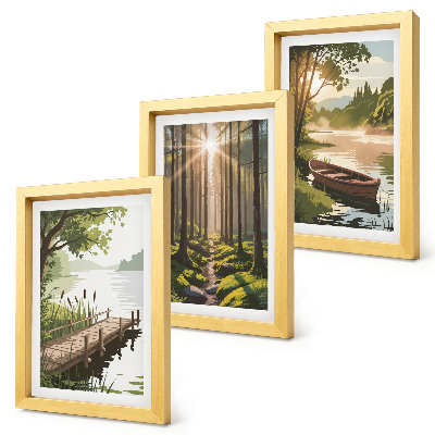 Photo frame wall Peaceful landscapes of the forest and lake with a boat