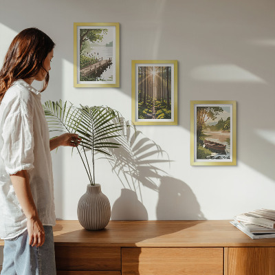 Photo frame wall Peaceful landscapes of the forest and lake with a boat