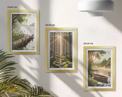 Photo frame wall peaceful forest and lake landscape with a boat