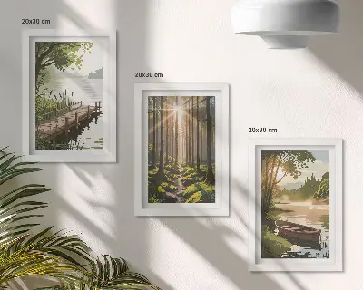 Photo frame wall peaceful forest and lake landscape with a boat