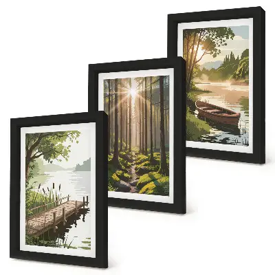 Photo frame wall peaceful forest and lake landscape with a boat