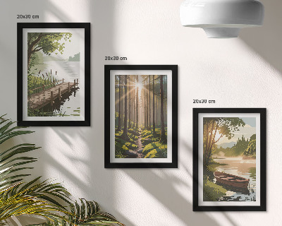 Photo frame wall Peaceful landscapes of the forest and lake with a boat