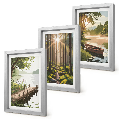 Photo frame wall Peaceful landscapes of the forest and lake with a boat