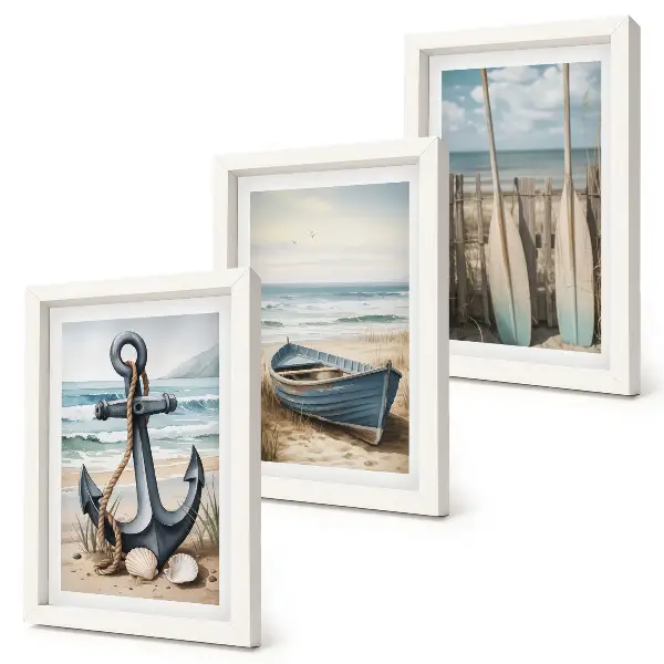 Boat anchor and oars on the beach with the sea framed triptych
