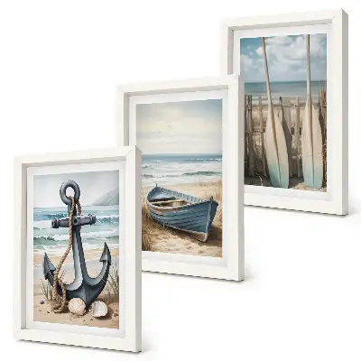 Boat anchor and oars on the beach with the sea framed triptych