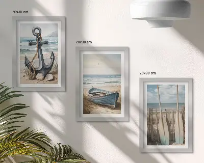 Boat anchor and oars on the beach with the sea framed triptych